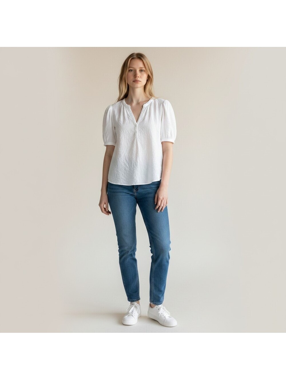 Coldwater Creek Blouse Women L Large White V-Neck Short Sleeve Cotton Casual